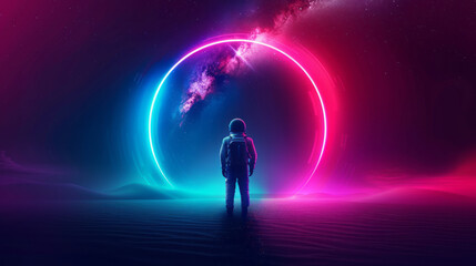 Fototapeta premium Astronaut at the Cosmic Portal: A lone astronaut stands before a vibrant, glowing neon circle, reminiscent of a portal to another dimension. The scene is otherworldly.
