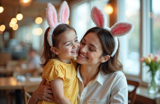 Happy mother, daughter fun together in restaurant on Easter. Mom wearing bunny ears kisses little girl. Cute family bonding moment at cafe. Children wear bunny ears. Springtime celebration. Mother,