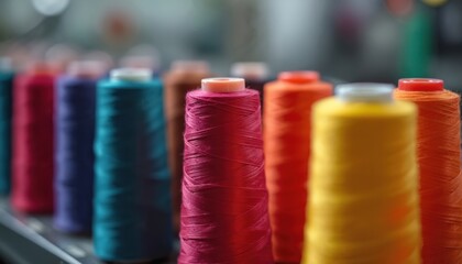 Colorful spools of thread neatly aligned. Vivid colors symbolize precision, artistry in textile manufacturing. Organized thread spools showcase human craftsmanship, efficiency. Modern textile