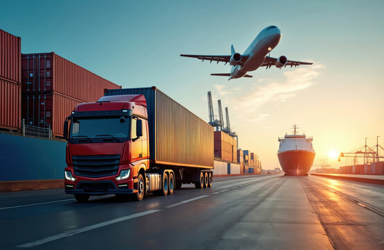 Red truck transports container on road. Cargo ship, plane in port. Shipping business concept. Import, export. Global logistics. Sunrise, port scene. Modern transport vehicles. International trade. - Powered by Adobe