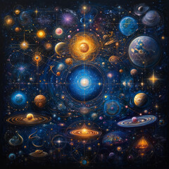 Fototapeta premium Cosmic Tapestry: A breathtaking, vibrant depiction of a celestial universe, teeming with planets, stars, nebulae, and galaxies, swirling in a harmonious cosmic dance.