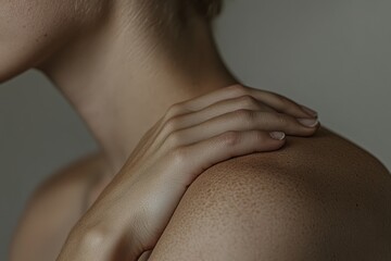 Close-up of a woman's hand on her shoulder, smooth skin, tan lines
