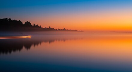 Obraz premium Calm Lake at Sunrise with Light Trails and Forest Reflection