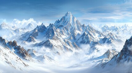 Fototapeta premium Majestic snow-capped mountains, panoramic view, serene, inspiring scenery