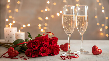 Glasses of champagne with valentines decoration on isolated background
