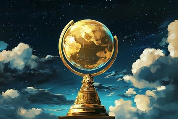 trophy with the shape of a globe in a illustration style 