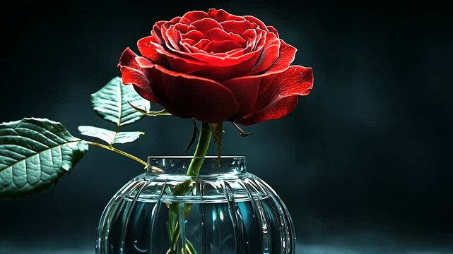 Vibrant red rose in crystal vase against a dark backdrop