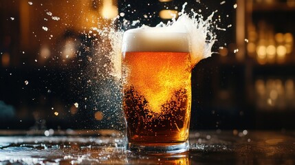 Beer splashing in a glass on bar.