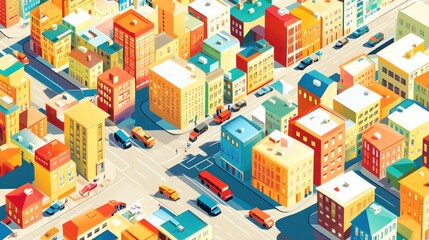 Isometric city illustration, colorful buildings, vehicles, streets.