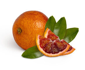 blood red orange with slice and leaves isolated with clipping path, full depth of field