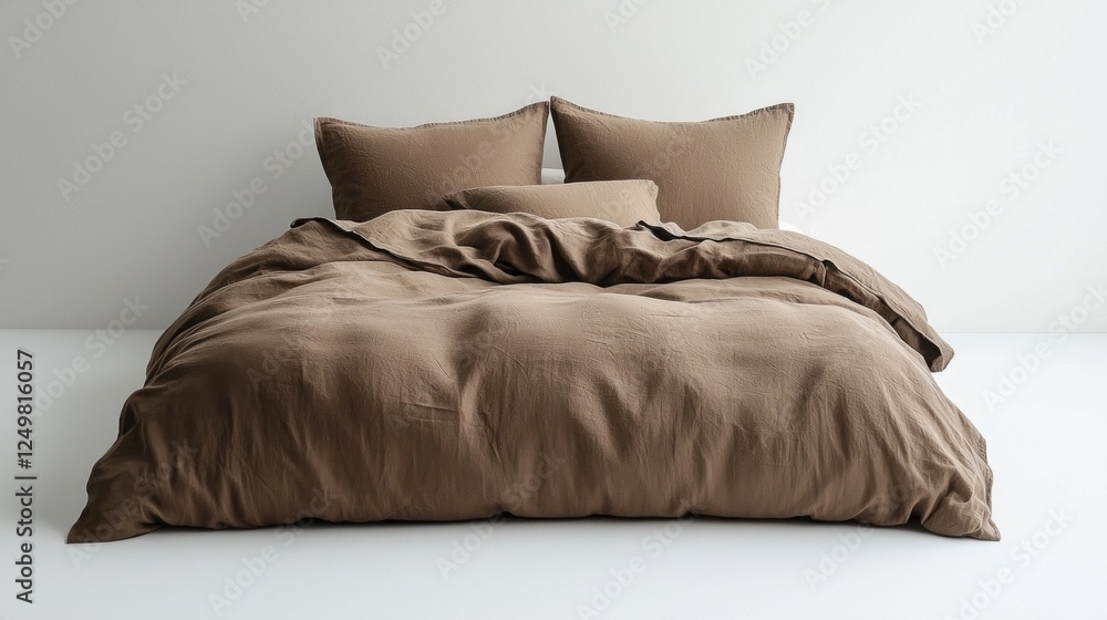 Aufkleber a neatly folded brown duvet cover is layered with matching pillows, creating a serene ambiance again