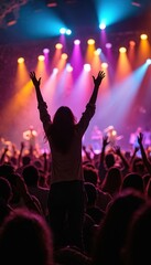Audience members enjoy lively music at concert. People raise hands up in excitement. Colorful stage lights illuminate performers, crowd. People dance in crowd. Atmosphere electric, happy. Concert