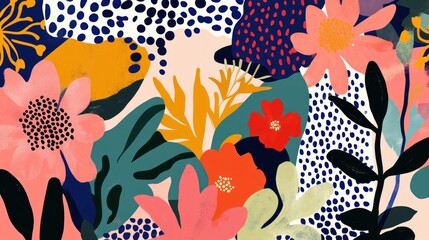 Vibrant floral pattern with abstract shapes and colors.