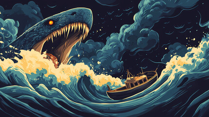 Giant sea monster attacking boat. Deep Ocean Horror. Illustration