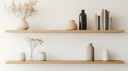 Wooden Shelves With Decor Items And Books
