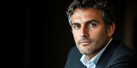 Fototapeta premium A man with curly hair and a serious expression is dressed in formal attire. He poses confidently against a dark background, suggesting a professional setting or event