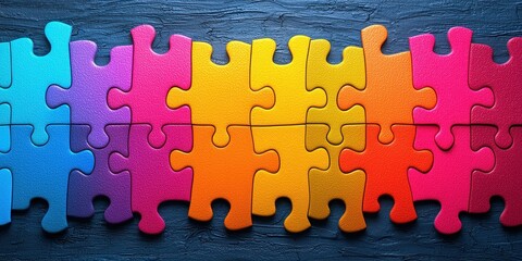 Vivid puzzle pieces in shades of blue, pink, and orange are interlocked on a dark textured surface, showcasing their bright colors against the background