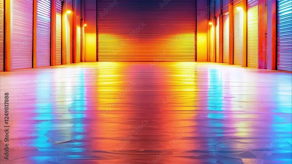 Poster a brightly lit corridor with colorful reflections on a shiny floor and closed rolling doors.