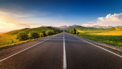 Fototapeta premium Picturesque asphalt road panorama with mountains and green fields trees summer highway in Kazakhstan sunset golden hour warm colors blue sky : Generative AI See Less