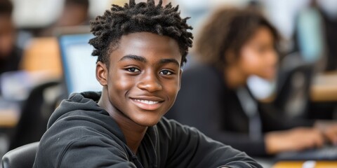 A joyful young student with curly hair sits at a desk, engaged in classroom activities. Other students are focused on their computers in the background, creating a lively learning atmosphere