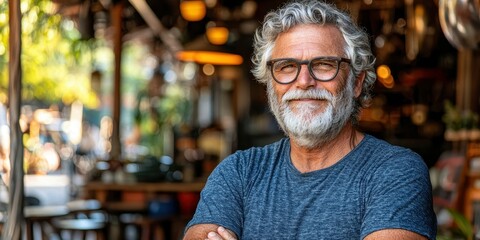 An older man with glasses and a grey beard stands confidently with crossed arms in a cozy cafe. Warm lighting and natural elements enhance the welcoming atmosphere