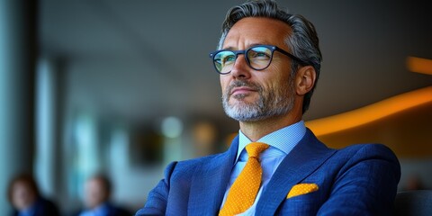A well-dressed man with glasses and a gray beard sits in a conference room, pondering ideas while attending a professional event in the city