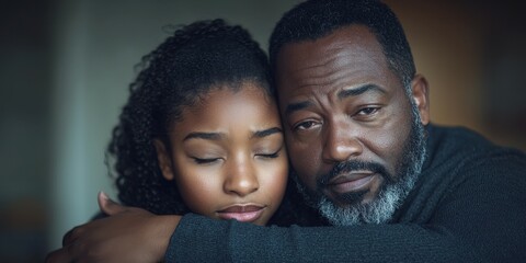 A father comforts his daughter with a heartfelt hug, showcasing a deep bond. They are in a cozy living room, illuminated by soft afternoon light, radiating warmth and love