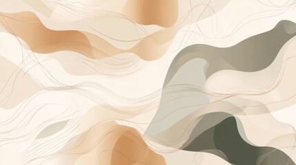 Abstract beige, brown, and green wave pattern background.