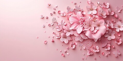 Obraz premium Blooming sakura, spring flowers on pink background with copy space for message. Greeting card for Valentine's Day, Woman's Day and Mother's Day holidays. Toned image. Top view