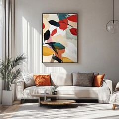 Abstract Art Print On Light Beige Sofa In Modern Living Room