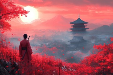 Obraz premium A serene landscape featuring a figure in red overlooking a vibrant sunset.