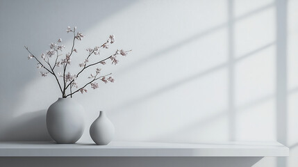 Delicate Pink Blossom Arrangement On A White Shelf