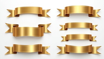 Set of shiny gold ribbons. Decorative design elements. Curved shapes. Blank space for text logo. Elegant, festive. Versatile for various design projects. Suitable for celebration. Great for digital