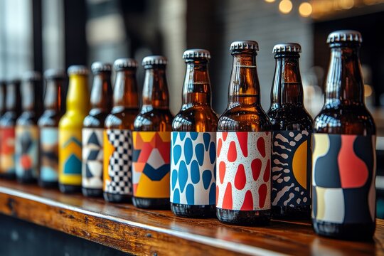 Craft beer bottles, bar, colorful labels, bokeh background,  menu design