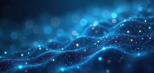 Abstract digital artwork complex network of interconnected lines, nodes. Blue backdrop with glowing points of light. Intricate patterns suggest futuristic tech, innovation. Visualizes connections,