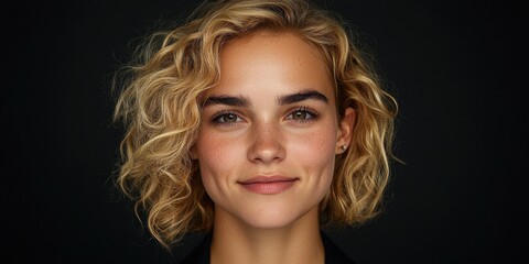 Naklejka premium A young woman with curly blonde hair smiles confidently in a dark studio setting. Her clear skin and bright eyes reflect a warm and approachable personality