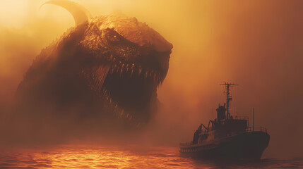 Silhouetted ship confronts colossal sea creature, misty dawn. Deep Ocean Horror. Illustration