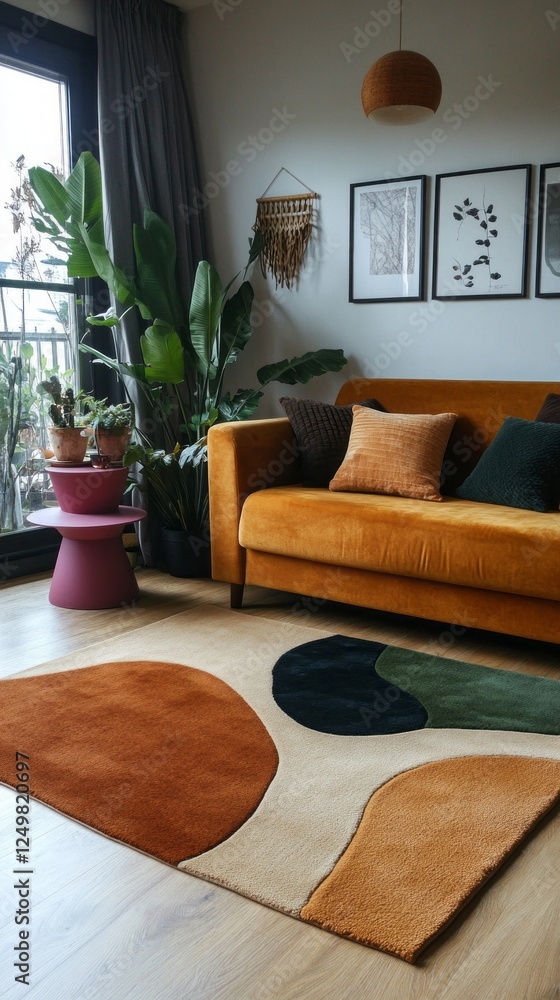 Poster a stylish living room showcases a brown and dark green retro rug with abstract patterns. the vibrant
