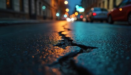 Urban street at night. Broken pavement. City street surface shows damage. Cars drive by blurred background. Uneven pathway shows urban decay. Night scene. City infrastructure is in disrepair.