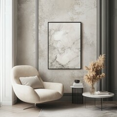 Beige Armchair In Modern Room With Framed Art