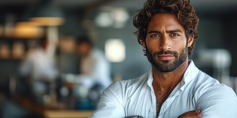 Fototapeta premium A young man with curly hair and a well-groomed beard stands confidently in a contemporary cafe. He wears a light shirt, arms crossed, while baristas work diligently behind him preparing beverages