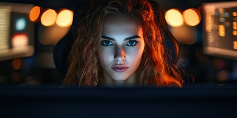 A young woman with striking features and curly hair concentrates intensely while working on her computer in a dark room illuminated by multiple screens displaying data and graphics