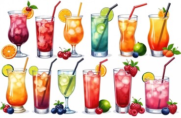 Colorful array of cocktails. Watercolor hand drawn illustrations showcase different refreshing drinks on white background. Variety of colorful cocktails with fruits like lime oranges cherries