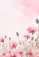 Zarte rosa Blumen und grüne Blätter vor einem sanften pastellrosa Farbverlauf – romantisch, frisch und naturverbunden. Generative KI.