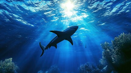 Obraz premium Shark surrounded by glowing aquatic plants in a fantasy underwater world