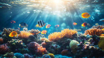 vibrant coral reef illuminated by sunlight, showcasing diverse marine life in clear blue water. The underwater scene has a bright tone with blurred space for captioning