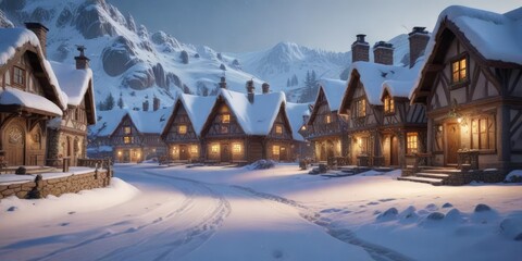 Fototapeta premium Snow-covered village scene with decorated houses, festive atmosphere, cozy scene, snow covered houses
