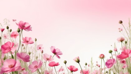 Zarte rosa Blumen mit gr&uuml;nen Bl&auml;ttern, stilvoll auf einem zarten Hintergrund mit pastellrosa Aquarellakzenten arrangiert &ndash; ein modernes Design in der Trendfarbe &bdquo;Transcendent Pink&ldquo;. Generative KI.