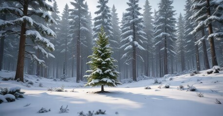Fototapeta premium Snowy forest with a solitary evergreen tree decorated for Christmas, Kahl, Klarer Himmel