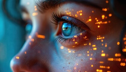 Closeup view of woman eye. Digital code overlay on face. Vibrant colors. Futuristic tech concept. High detail. Human eye connection to AI. Wonder, anticipation. Potential of future. Woman looks